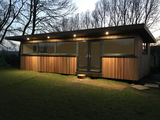 Large Garden Room with external lighting manufactured and installed by Viking Garden Buildings in Stafford