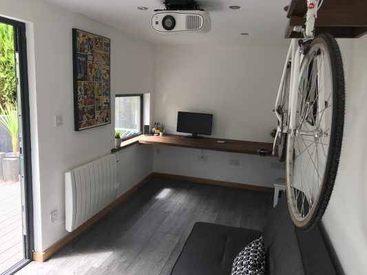 Inside insulated garden office manufactured and installed by Viking Garden Buildings in Stafford