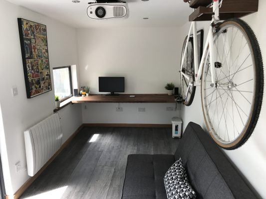 Inside insulated garden office manufactured and installed by Viking Garden Buildings in Stafford