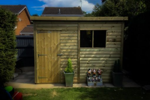 Pent Super shed with windows and door on the left - custom built and then installed in Stafford by Viking Garden Buildings
