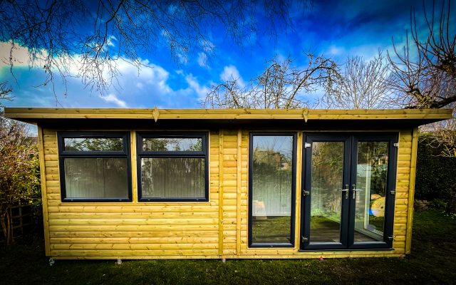 Large garden room with double doors manufactured and installed by Viking Garden Buildings in Stafford