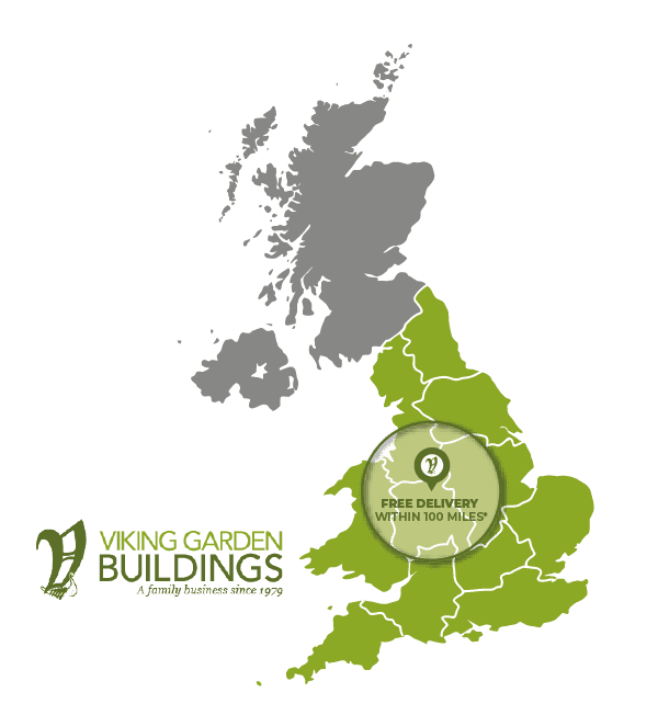 Map of UK highlighting where Viking Garden Building delivers